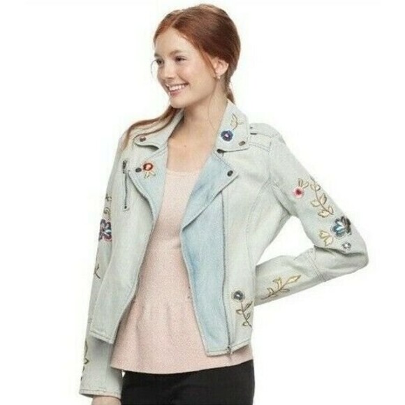 Candies Denim Jacket Floral Blue Bird Embroidered Asymmetric Zip Jean Womens S - Picture 7 of 7